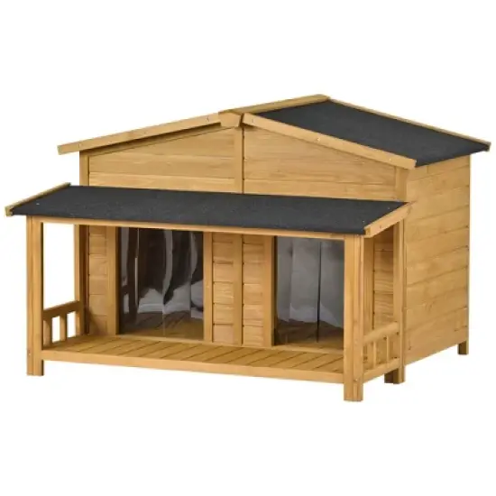 Whisen All-Weather Large Dog House & Dog Kennel with Asphalt Roof, Porch, Waterproof Door Curtain, Dual Openings - Natural image {4}
