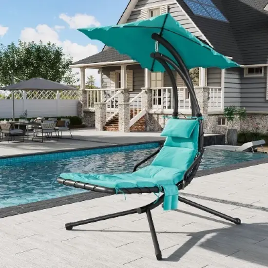 Hanging Chaise Lounge Chair, Ergonomic Outdoor Swing with Canopy & Cushion, Patio Garden Poolside, Dream Hammock + Mat image {7}