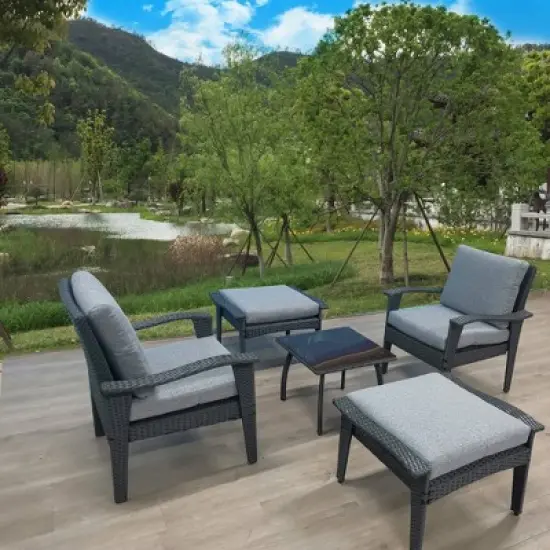 5pc Outdoor Wicker Conversation Set with Arm Chairs, Accent Table & Ottomans - Gray - GODEER image {1}