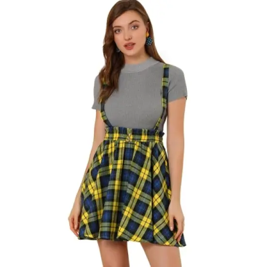 Allegra K Women's Plaid Pleated Mini Tartan Overall Skater Suspender Skirt image {9}