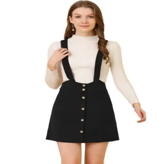 Allegra K Women's Corduroy Overall Dress A-line Decor Button Front Suspender Skirt image {7}