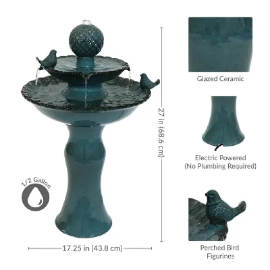 Sunnydaze 27"H Electric Ceramic 2-Tier Resting Birds Outdoor Water Fountain image {8}