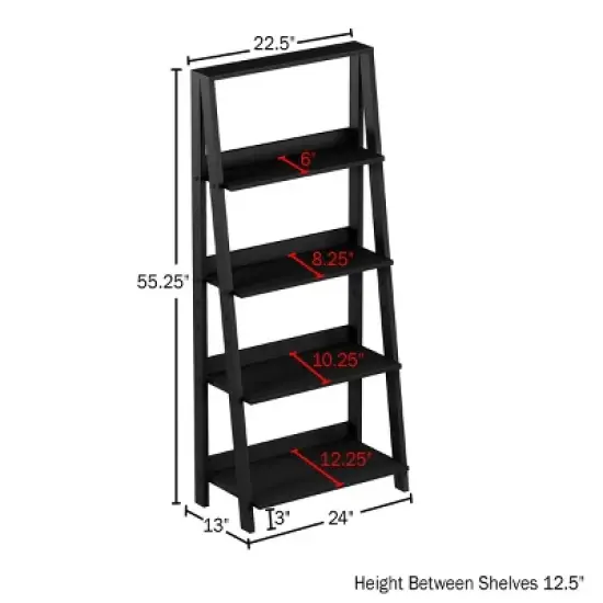 Lavish Home 4-Tier Ladder Bookshelf Freestanding Wooden Bookcase, Black image {1}