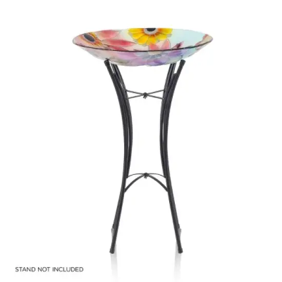 Alpine 18" Glass Birdbath with Colorful Flowers: Freestanding Garden Decor, Weather-Resistant image {4}