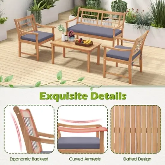 Costway 4 PCS Wood Patio Furniture Set with Soft Seat Cushions Solid Acacia Wood Frame Off White/Gray image {5}