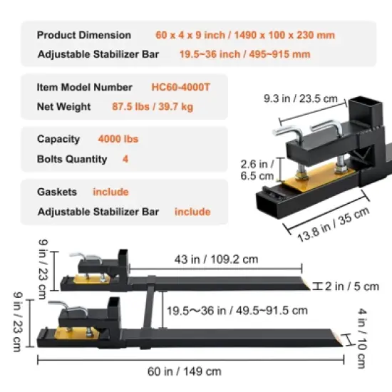 VEVOR Pallet Forks, 2000 lbs Clamp on Pallet Forks, 43" Total Length Heavy Duty Pallet Forks with Adjustable Stabilizer bar image {7}