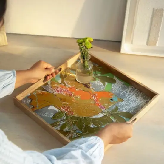 SEVOBAL Serving Platters Artisan Wooden Pretty Bird Tray, Vibrant Handcrafted Serving Platter for Entertaining, Multicolored, 14.57"*14.57"*1.57" image {1}