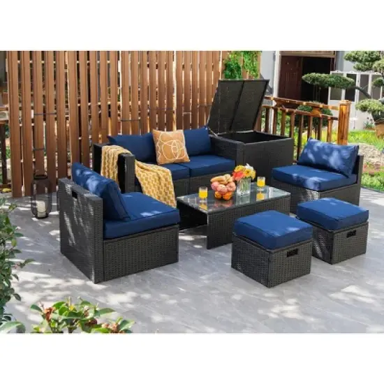 Costway 8PCS Patio Rattan Furniture Set Storage Table Ottoman cover image {11}