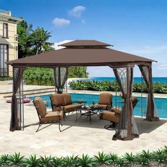 Sevobal Patio Umbrellas Outdoor Patio Gazebo Canopy Tent With Ventilated Double Roof For Lawn, Garden, Backyard And Deck, Brown, 165"*120"*108" image {3}