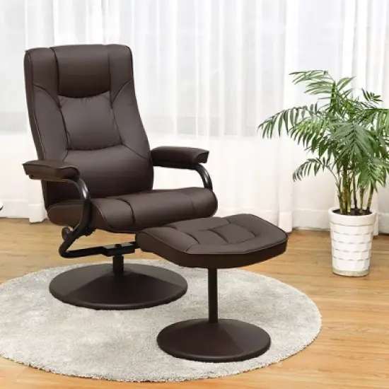 Costway Recliner Chair Swivel PU Leather Lounge Accent Armchair w/ Ottoman Brown image {2}