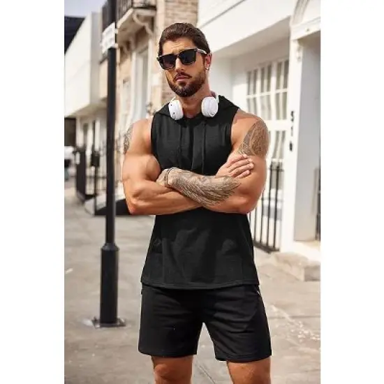 COOFANDY Men's Workout Hooded Tank Tops Bodybuilding Muscle Cut Off T Shirt Sleeveless Gym Hoodies M-L image {2}