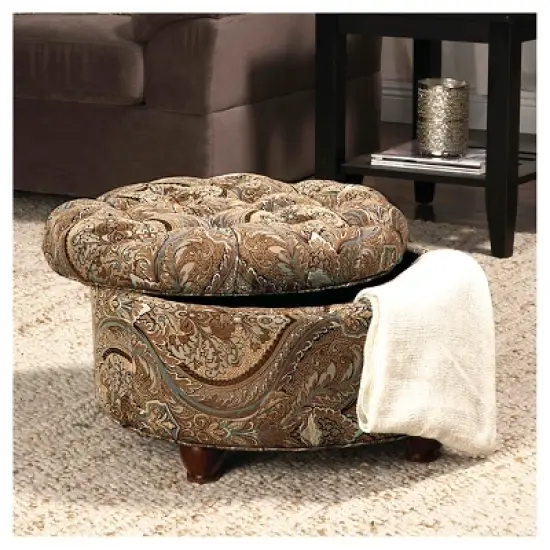 Button Tufted Round Storage Ottoman Brown Paisley - HomePop image {2}
