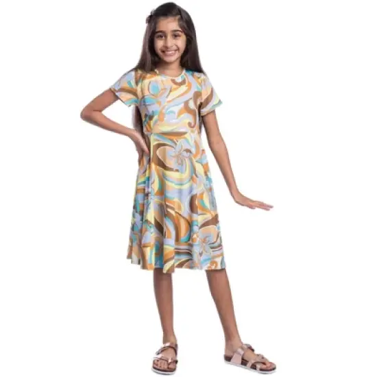 24seven Comfort Apparel Girls Yellow Print Knee Length Short Sleeve Flowy Dress image {5}
