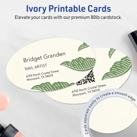 Avery Printable Oval Business Cards, Sure Feed Technology, 2" x 3-1/2", Matte Ivory Cardstock, Print-to-The-Edge, Laser/Inkjet Printable, 80 Total image {2}
