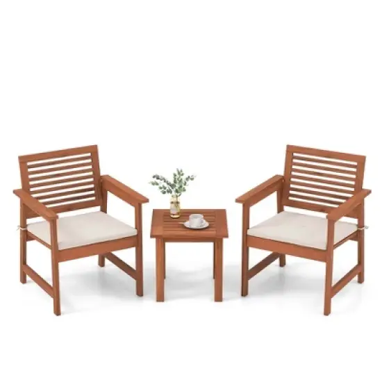 Costway 3 PCS Patio Furniture Set with 2 Seat Cushions Coffee Table Solid Wood Chairs image {1}