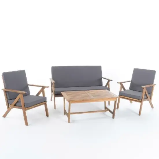 Christopher Knight Home Lissette Outdoor Acacia Wood 4 Seater Chat Set with Cushions, Teak and Dark Gray image {7}