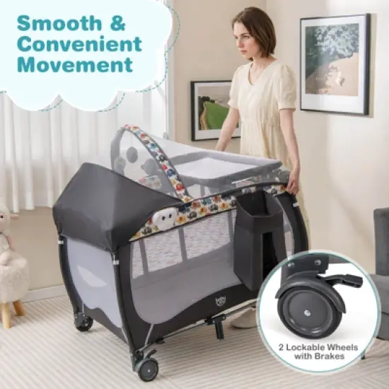 Infans 4 in 1 Portable Baby Playard w/Bassinet, Changing Table, Lockable Wheel, Foldable Travel Baby Crib Nursery Center, Gray, Elephant image {2}