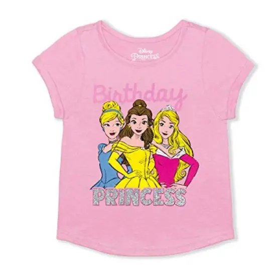 Disney Girl's Birthday Princess Glitter Print Short Sleeve Graphic Tee for Toddler image {1}