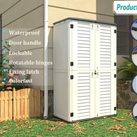 Syemin Outdoor Storage Shed, Vertical Tall Tool Shed with Five Shelves, Lockable Door for Patio, Backyard and Lawn, White, 50"*82"*29" image {3}