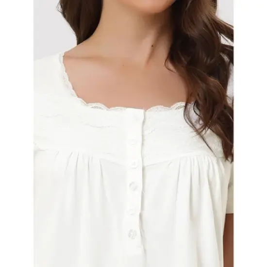 cheibear Women's Victorian Princess Lace Short Sleeve Cotton Sleepwear image {3}