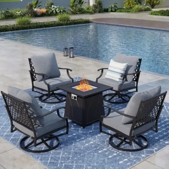 Captiva Designs 5pc Metal Patio Outdoor Conversation Fire Pit Set with Swivel Grid-back Armchairs for Garden, Poolside, Backyard image {11}