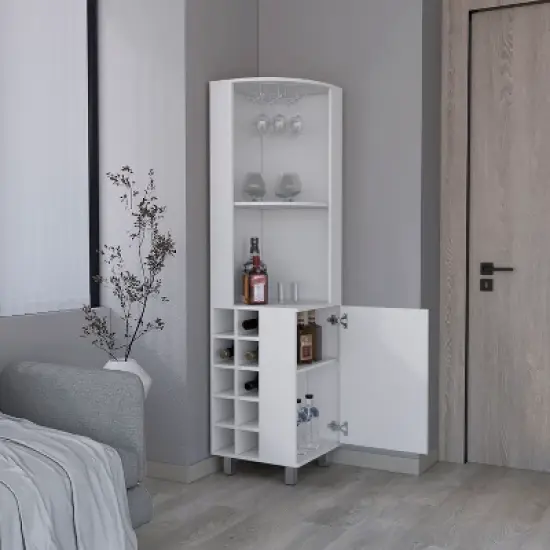 Gulches 10 Bottle Corner Wine Cabinet with Single Door Storage, 2 Superior Shelves Natural Oak and Black Finish Ready to Assemble, Eco Friendly image {1}