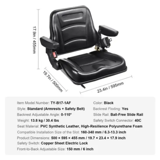 VEVOR Universal Forklift Seat, Fold Down Tractor Seat with Adjustable Angle Back, Micro Switch, Seatbelt and Armrests, Black image {7}