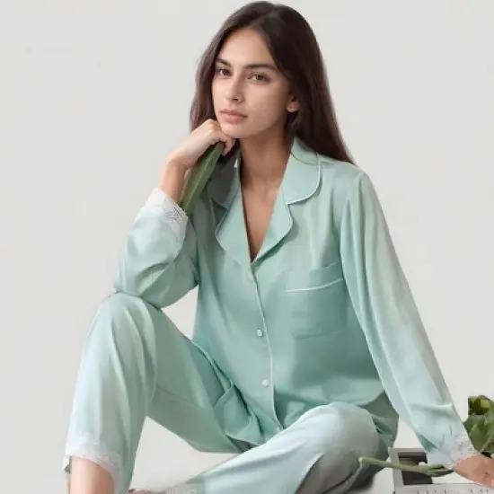 Anna-Kaci Lounge Women's Satin Long Sleeve Button Down Pajama Set with Chest Pocket and Lace Trim Hem Details image {4}