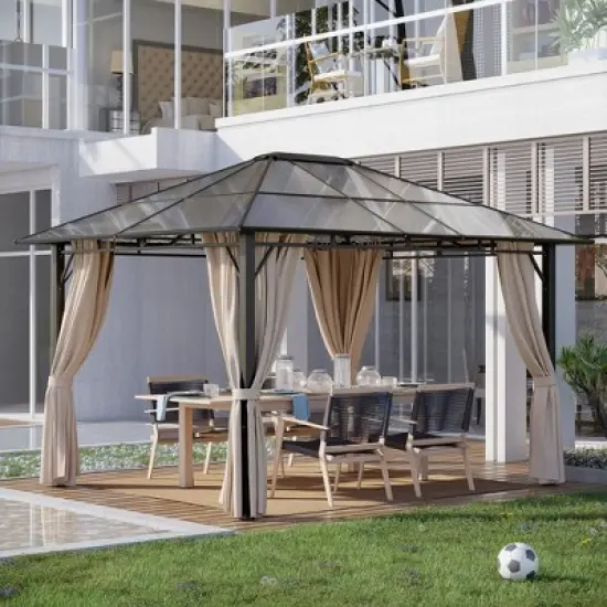 Outsunny 10x12 Hardtop Gazebo with Metal Frame, Polycarbonate Gazebo Canopy with Curtains for Garden, Patio, Backyard image {2}