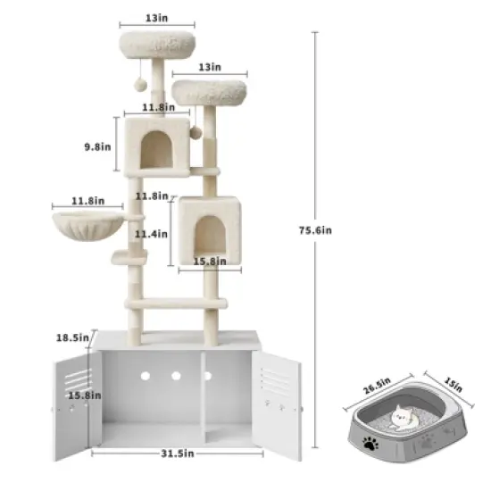 Tall Cat Tree with Litter Box Enclosure 2-in-1 Modern Large Cat Tower with Double Condos/Scratching Posts/Hammock, Cats Hidden Litter Box Furniture image {1}