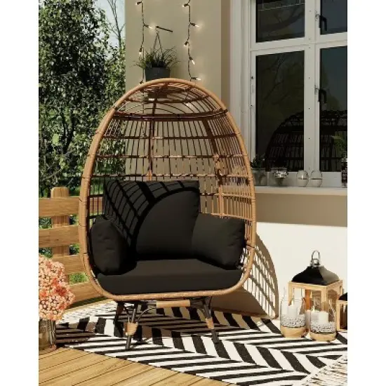 360&deg; Swivel Patio Egg Chair Outdoor - Wicker Swivel Egg Chair Oversized Patio Lounge Chairs with Cushions, Metal Frame Stand, Black image {3}