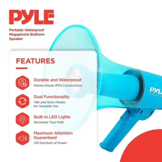 Pyle PMP66WLT Portable Waterproof Indoor Outdoor 40 Watt Max Ergonomic Megaphone Bullhorn Speaker with LED Light and Siren Alarm image {1}
