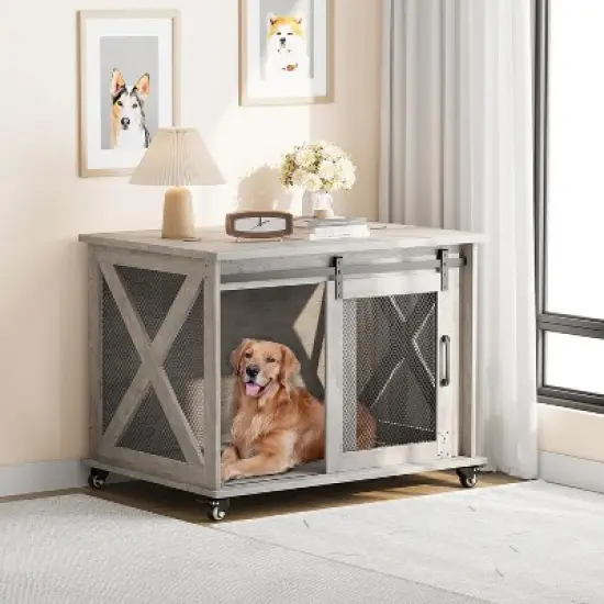 37 Inch Dog Crate Furniture, Indoor Dog Cage with Sliding Barn Door, Flip Top Dog Kennel End Table with Removable Divider image {6}