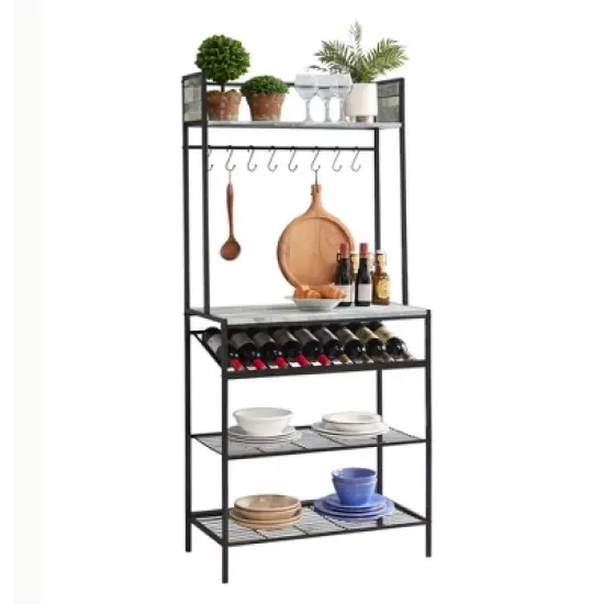 Kings Brand Furniture Lindsay Gray Tile Bakers Rack with 9 Wine Bottle Capacity Rack & 8 Hooks - Kitchen Storage Organizer image {1}