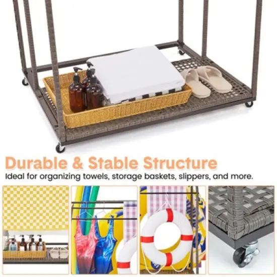 Outdoor Pool Towel Rack with Rattan Base, Freestanding Clothing Rack with Lockable Swivel Wheels, Storage Organizer for Floats, Pool, Swimming image {5}