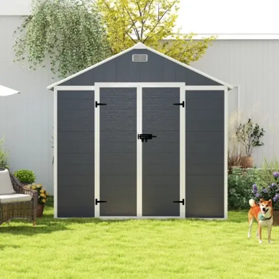 8*8ft resin storage shed, high quality pp material, strong structure, waterproof, rust and UV proof, large storage space,12mm thick pp board,Dark gray image {6}