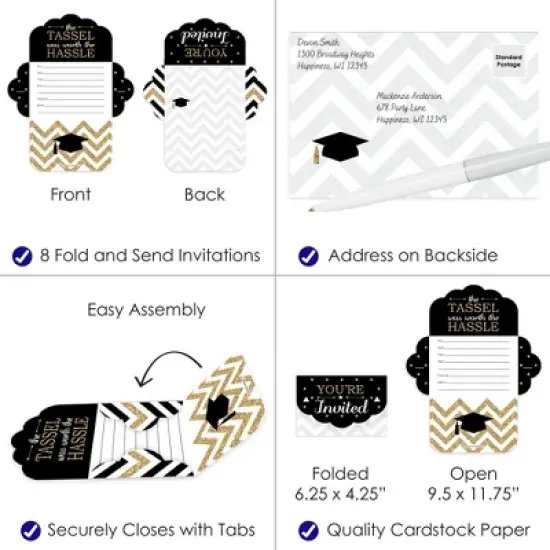 Big Dot of Happiness Tassel Worth The Hassle - Gold - Fill-In Cards - Graduation Party Fold and Send Invitations - Set of 8 image {2}