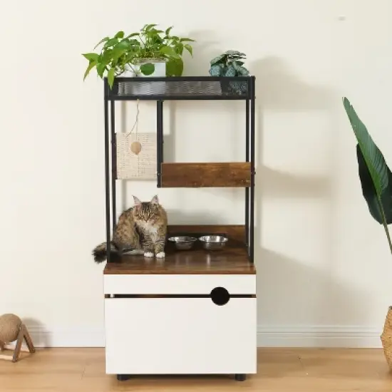JUJABU American Design White Cat Litter Box Enclosures with Cat Tree Tower image {4}