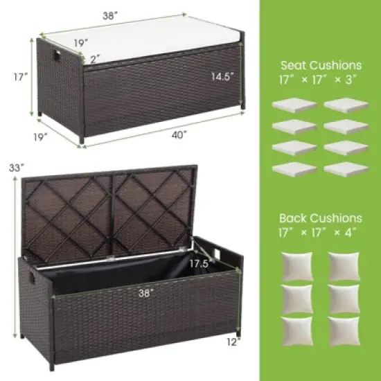 WELLFOR 34gal Patio Storage Bench PE Rattan Storage Box with Seat Cushion Mix Brown image {8}
