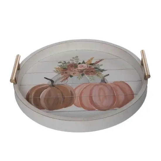 Transpac MDF Pumpkin Florals Round Serving Tray for Fall Harvest Decor Multicolor Tabletop Use Hand Wash Only image {1}