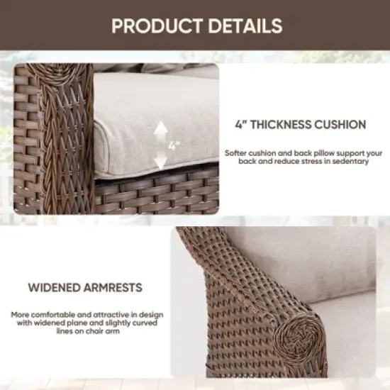 POCASSY 68" Wide Outdoor 3-Seater Sofa Patio Couch, All Weather Brown Wicker Patio Couch with Cushions for Porch Deck Backyard Pool image {7}