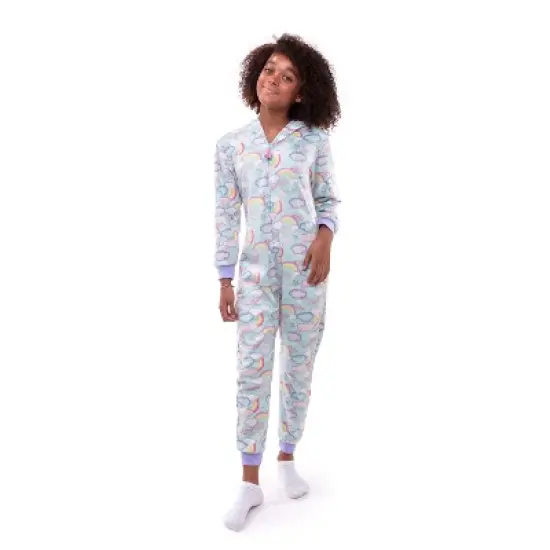 Sleep On It Girls Clouds & Rainbows Zip-Up Hooded Sleeper Pajama with Built Up 3D Character Hood image {2}