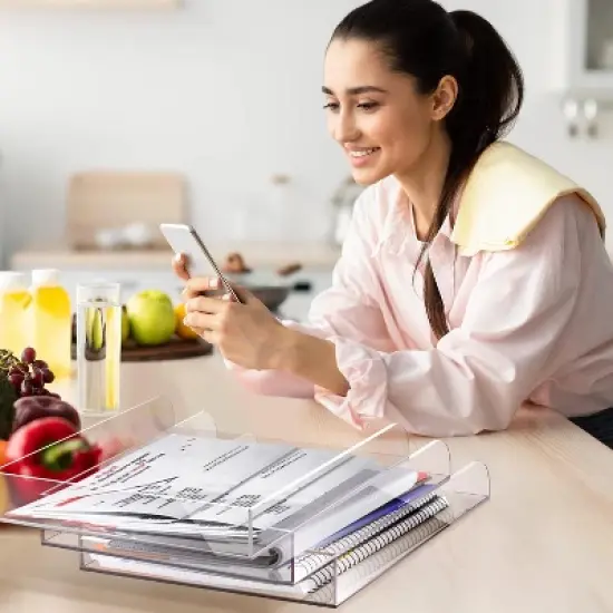 Acrylic Stackable Paper Tray Organizer for Desk, Elegant Paper Organizer Tray, Clear Desk Organizer with White Edges for Office Storage image {5}