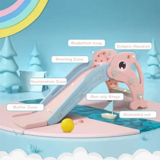 Sandinrayli 3 in 1 Toddler Slide, Baby Slide Climber Playset with Basketball Hoop and Ball, Indoor and Outdoor Playground for Kids Pink image {1}