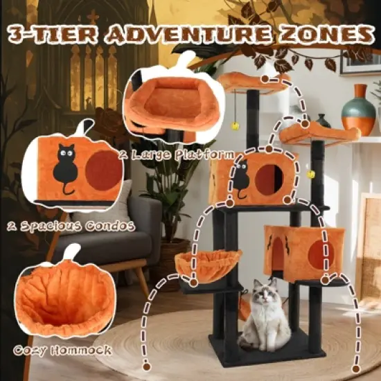 Angel Sar 61" Halloween Cat Tree with 2 Condos, 2 Hammocks & Perches, Large Cat Tower with Scratching Posts for Multiple Cats, Orange & Black image {5}