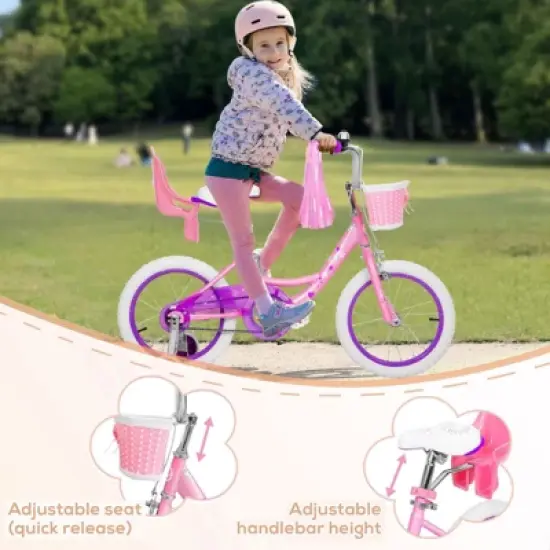 Hykolity 16-Inch Kids Bike for Girls Ages 4-7, Multi-Color, with Training Wheels, Doll Seat, Basket, Adjustable Saddle, Dual Brakes image {6}