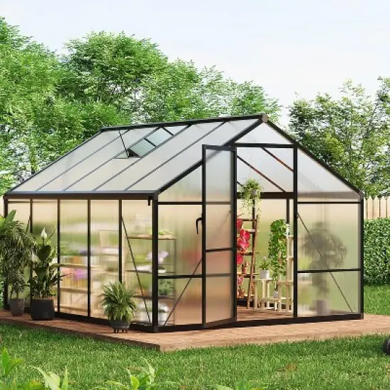 8x12 Ft Aluminum Large Walk-in Greenhouse, Polycarbonate Greenhouse with Adjustable Roof Vent for Outdoors, Greenhouse for Patio, Lawn image {1}