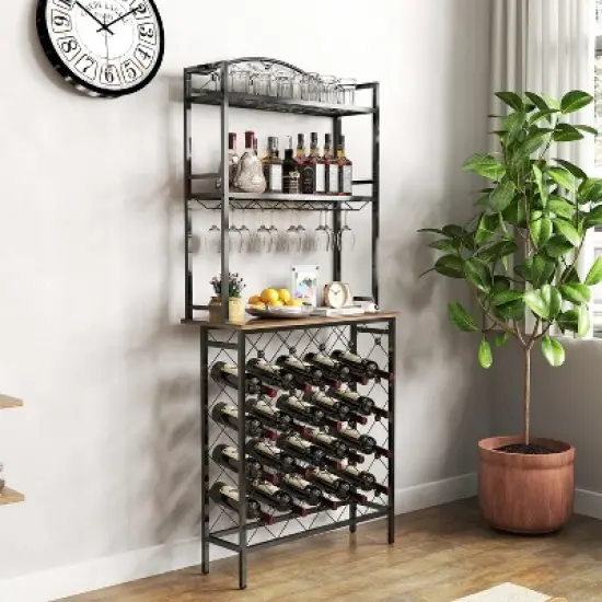 DOMETOUR Industrial Wine Rack Bar Table, 3-Tier Liquor Bottle and Glass Holder with Storage, Metal & Wood Organizer for Home Kitchen & Dining Room image {6}