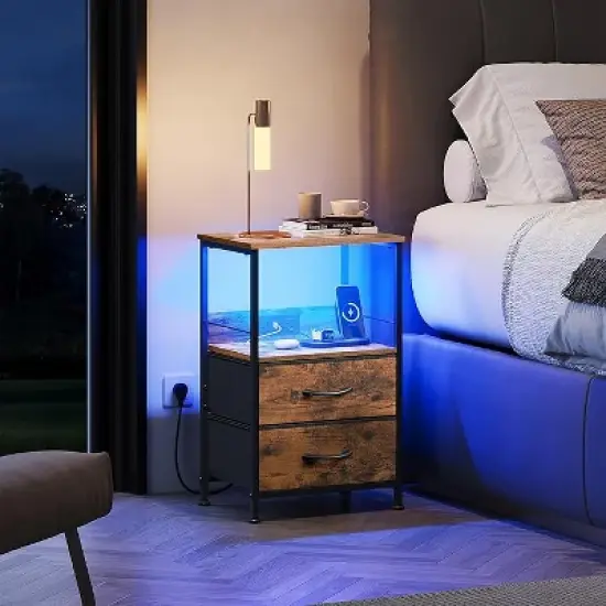 GALAXHERO Night Stand Set of 2,Small End Tables with Charger Station Nightstand with 2 Fabric Drawers & Storage Shelf, LED Bedside Table for Bedroom image {6}