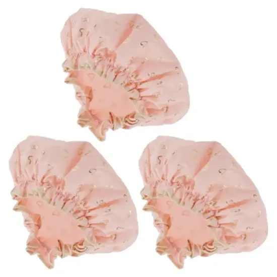 Unique Bargains Double Layer Gold Heart Shower Cap Pink 3 Pcs image {3}